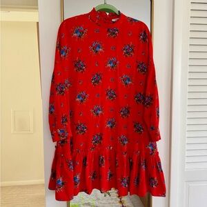 Ganni Kochhar Drop Waist Red Floral Silk Dress 36